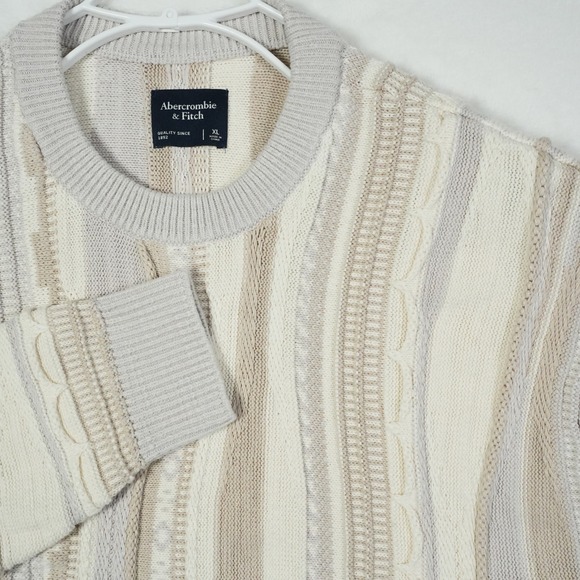Abercrombie Fitch Coogi Style Men's XL Striped Cable Knit Sweater Pullover Beige